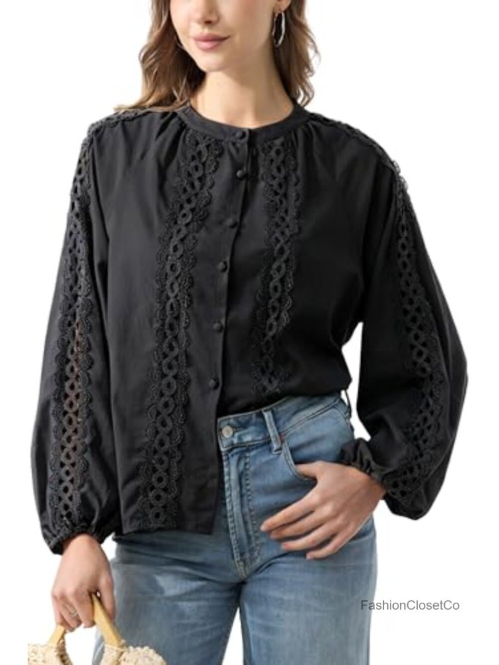 Cotton Blend Button Up Lantern Sleeve Tunic Blouse S-XXL